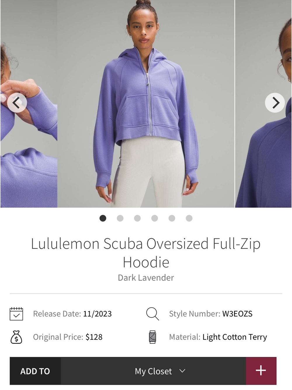 NEW with tags! Lululemon Scuba Oversized Full-Zip Hoodie Dark Lavender XL/XXL - Picture 5 of 7